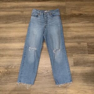 Levi's Ribcage Straight Ankle Jeans 28 Light Wash Distressed Raw Hem High Rise